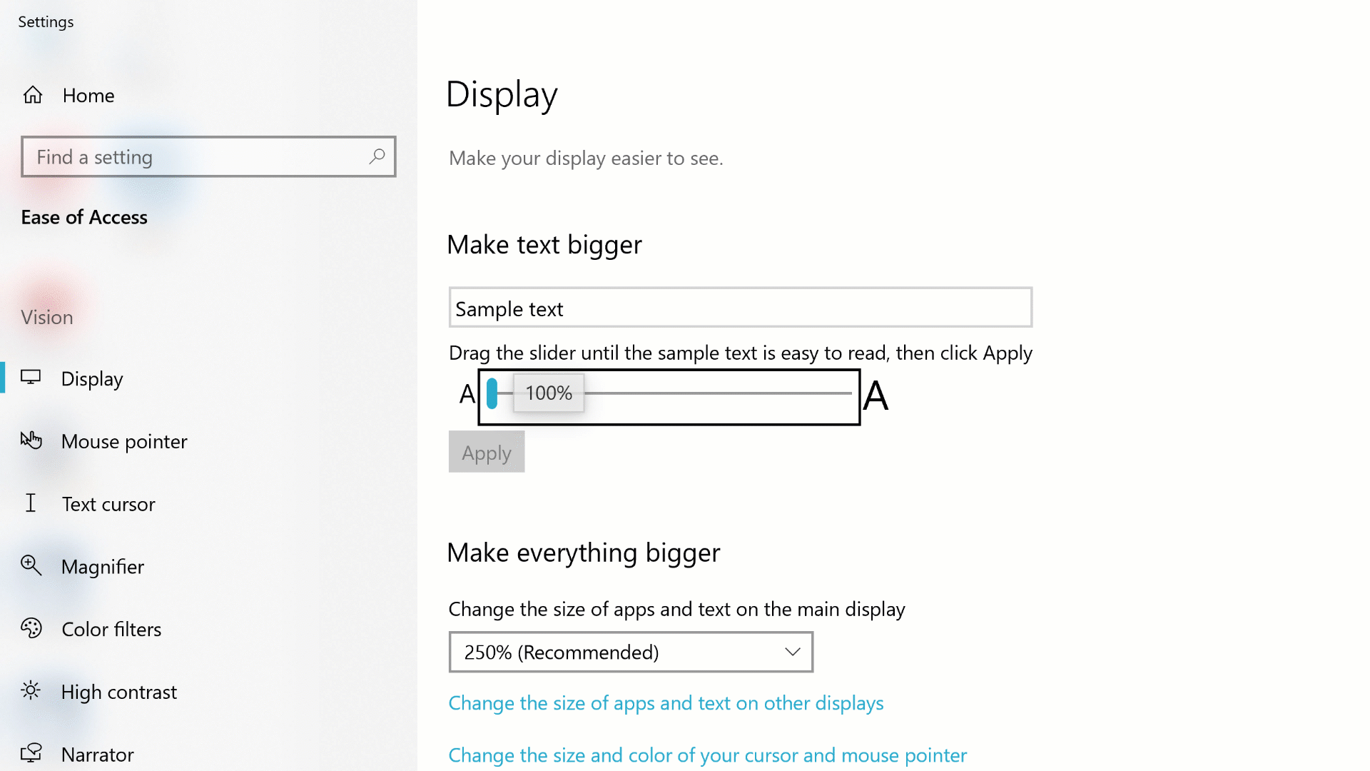 Animated GIF showing the Vision - Display settings in the Windows Ease of Access Center.